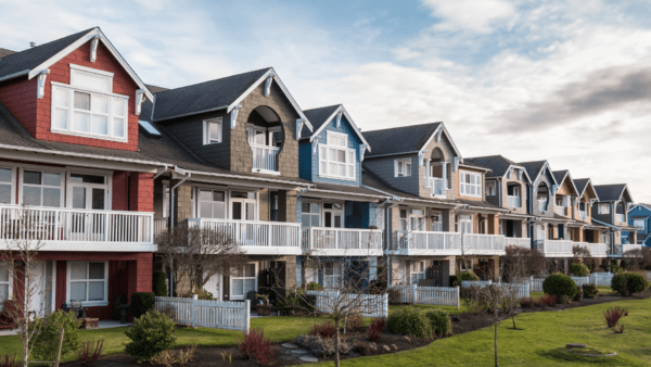 Row of houses with white closed in porches under a cloudy blue sky - capital gains vs business income