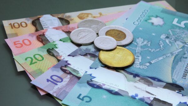 Canadian paper money and coins on a gray background - one of each denomination.
