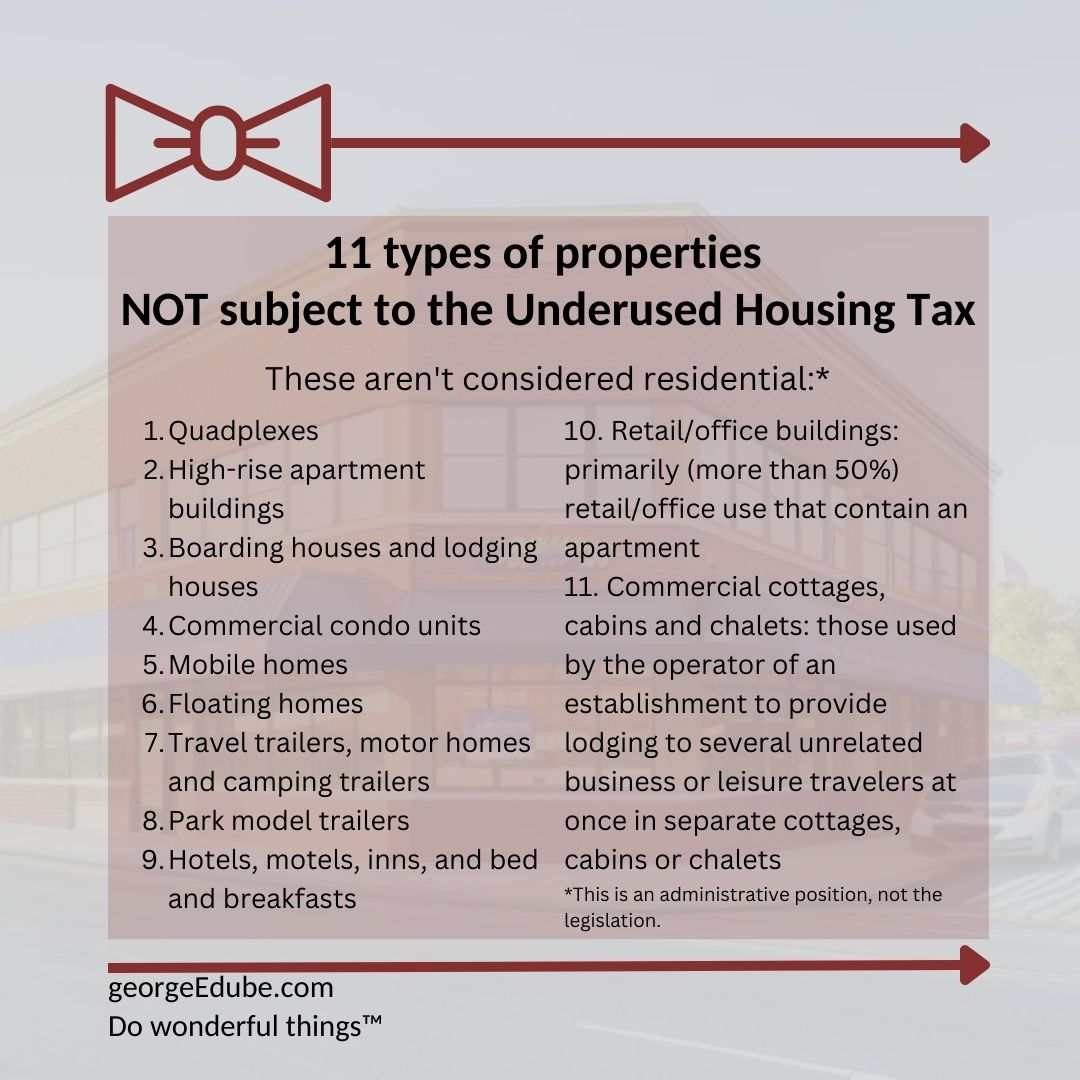 11 types of properties that are NOT subject to the Underused Housing Tax (as of current administrative positions) 