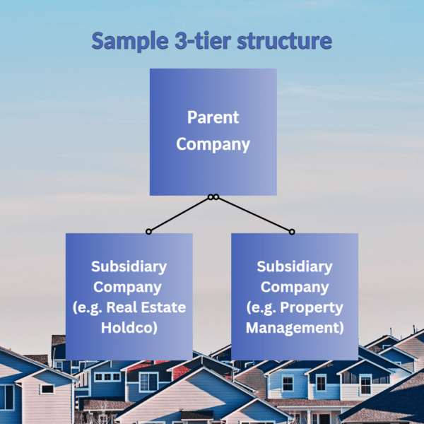 Sample three-tier structure with parent company and two subsidiary companies on a blue background.
