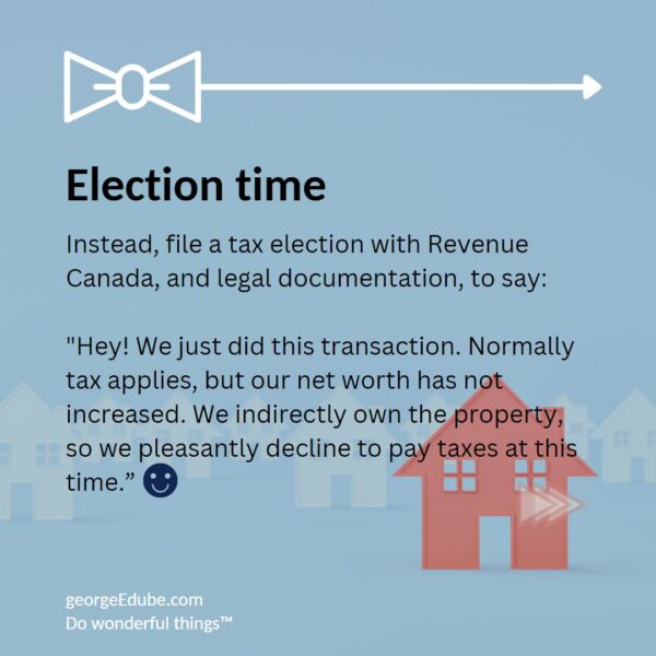 Instead, file a tax election with Revenue Canada, and legal documentation, to say: 

"Hey! We just did this transaction. Normally tax applies, but our net worth has not increased. We indirectly own the property, so we pleasantly decline to pay taxes at this time.”