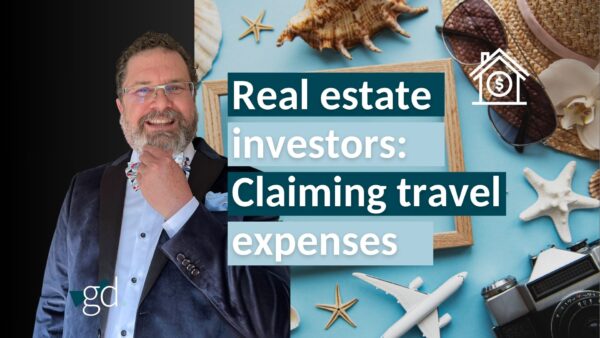 Man in suit jacket, bow tie, with beard and glasses next to images of travel to warm climates, and the title Real estate investors: Claiming travel expenses