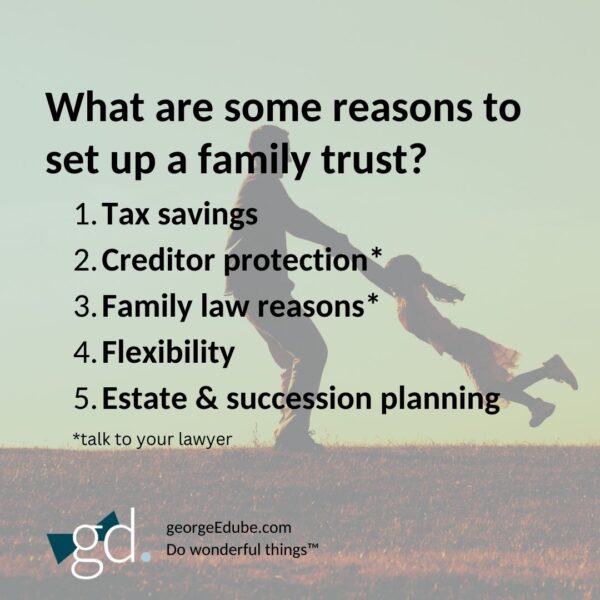 What are some reasons to set up a family trust in Canada? Man swinging child around on a hill.