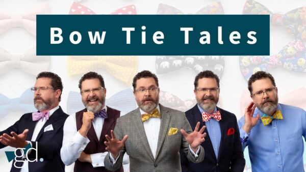 Multiple pictures of a bearded man in glasses wearing a bow tie