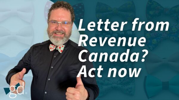 Man with flower bowtie in black shirt, wearing glasses and with a bird, next to the title Letter from Revenue Canada? Act Now