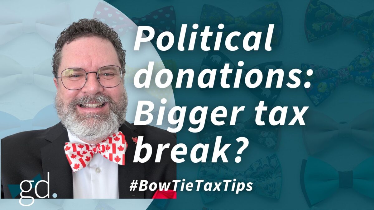 White male with dark curly hair, short, with whitish beard and glasses, wearing a Canadian flag bow tie, dark suit jacket and whtie shirt talking about deducting political donations in Canada