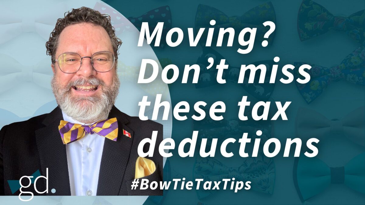 White male with short, dark curly hair and whitish beard, wearing glasses and a purple and yellow bow tie with dark blue jacket and light blue shirt talking about Claiming moving expenses in Canada