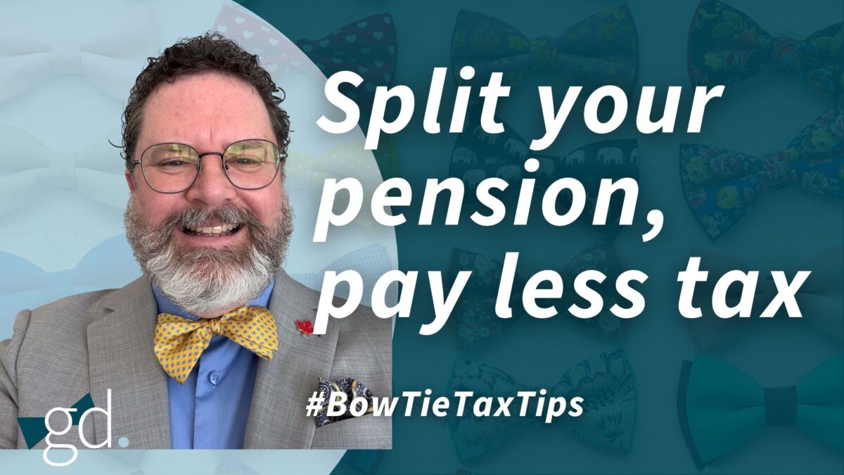 White male with dark curly hair, glasses, and a whitish beard wearing a yellow bow tie, blue shirt, and gray-brown suit jacket talking about Pension income splitting in Canada