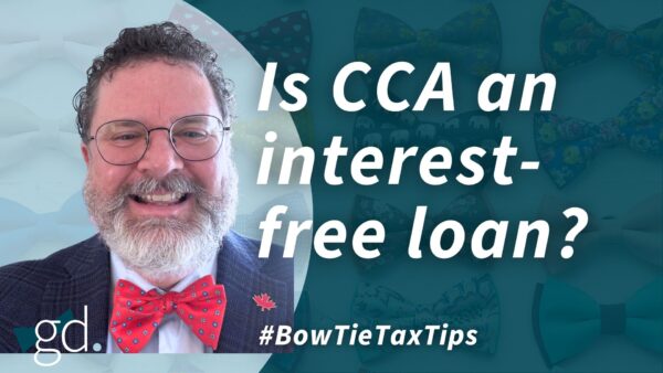 White male with dark, short hair, glasses, and whitish beard with red bow tie, dark jacket and light shirt talking about claiming CCA on rental property being an interest-free loan