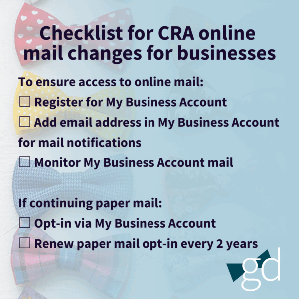 checklist on a blue background with 4 bowties covering all the steps for CRA online mail changes for businesses