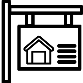 Icon in form of a for sale sign with house on it and lines representing words in black and white - to represent realtors