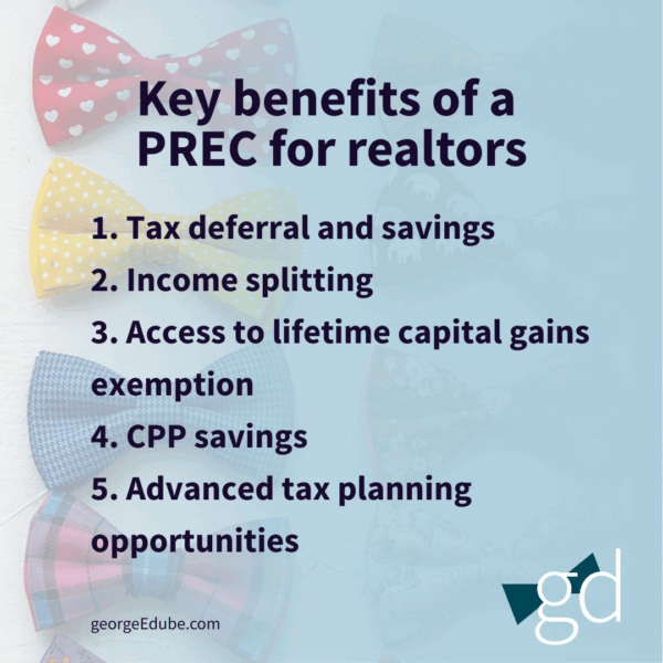 List of PREC benefits for realtors on top of a blue background with bow ties on it.